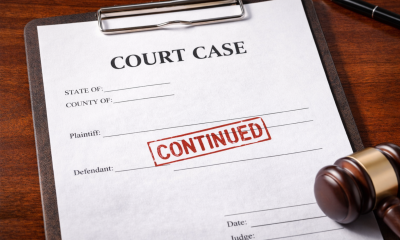 Court document titled “COURT CASE” with a red “CONTINUED” stamp across the page, resting on a desk with a judge’s gavel.