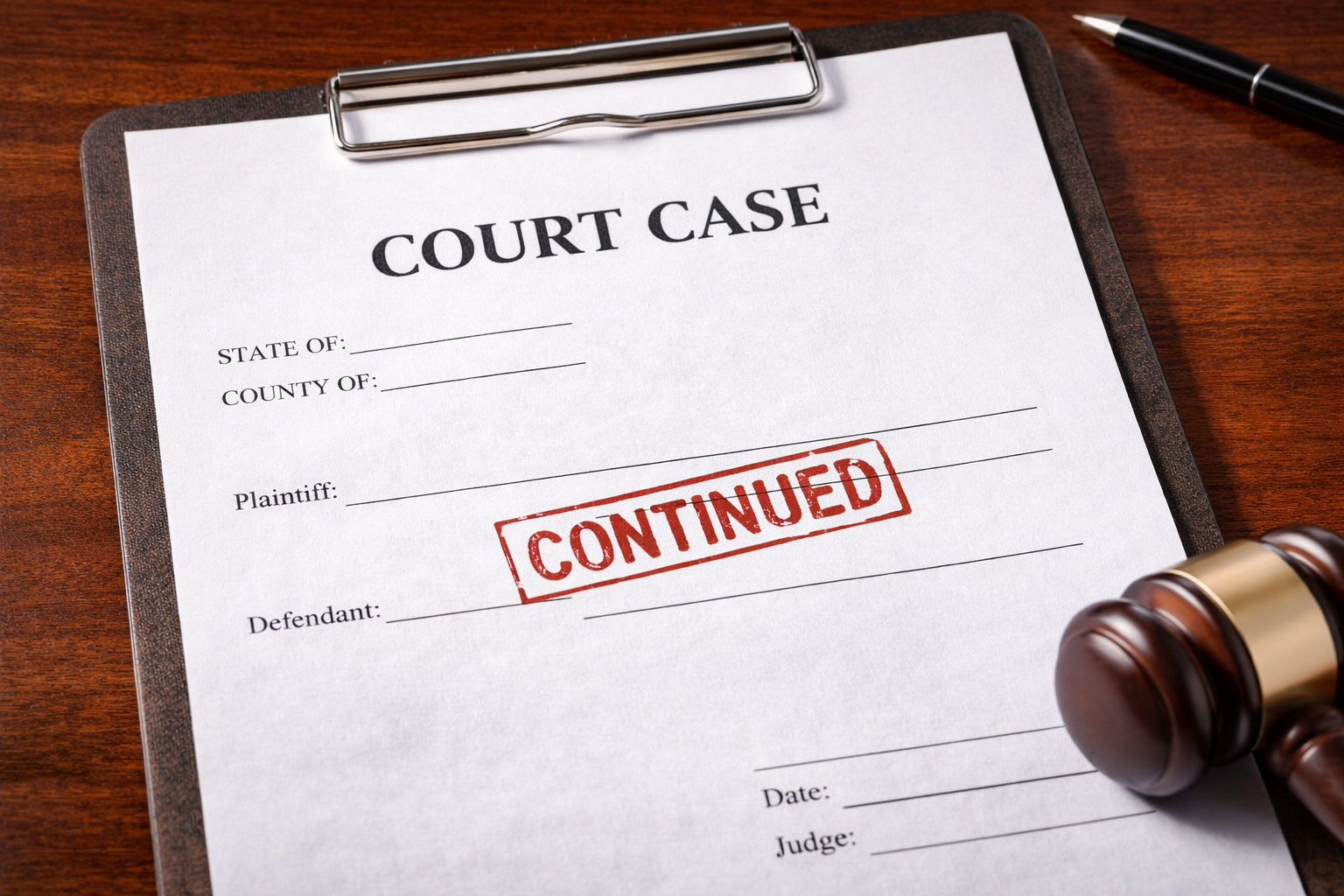 Court document titled “COURT CASE” with a red “CONTINUED” stamp across the page, resting on a desk with a judge’s gavel.