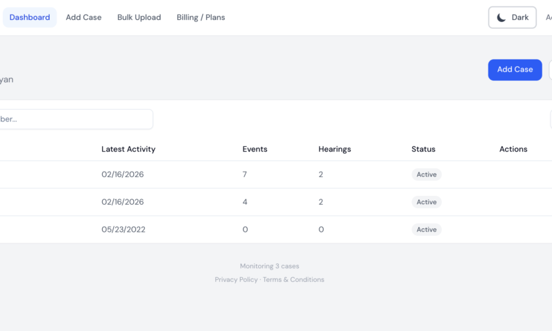 A screenshot of the CourtDelta attorney portal showing multiple tracked cases by case number