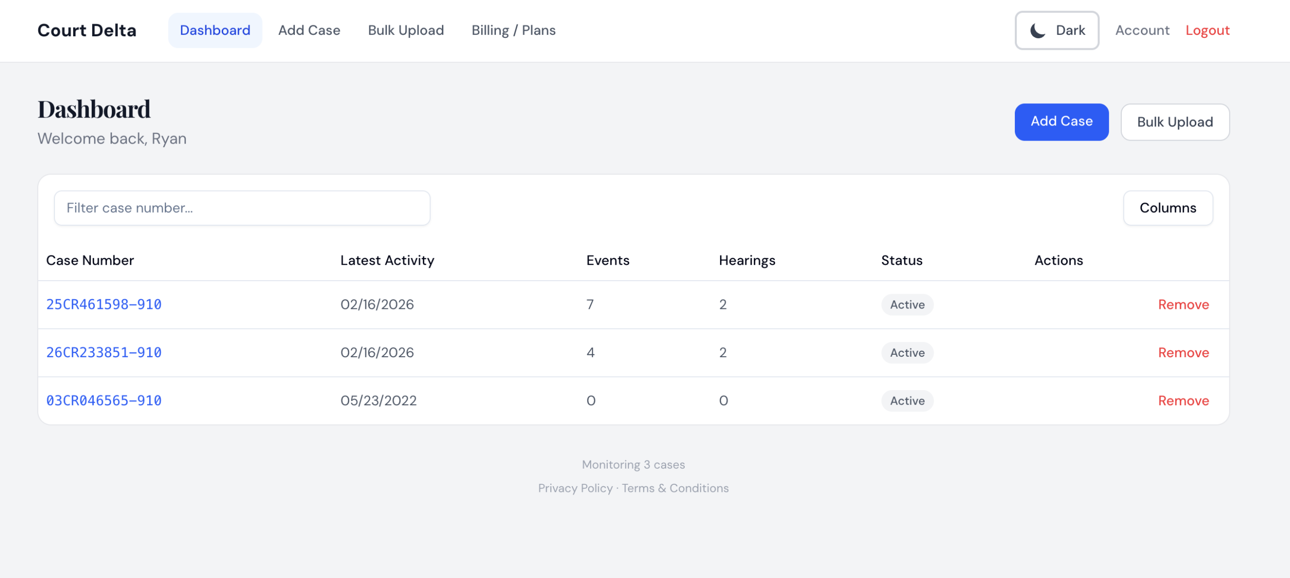 A screenshot of the CourtDelta attorney portal showing multiple tracked cases by case number