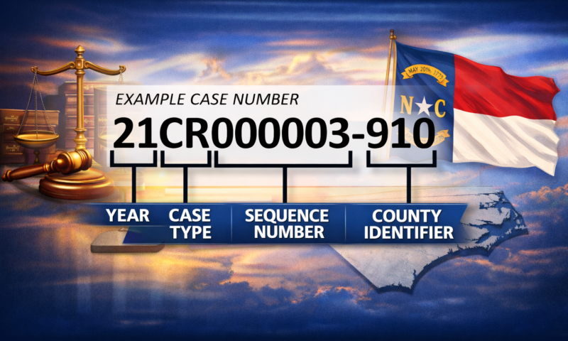 North Carolina case number example “21CR000003-910” broken down into year, case type, sequence number, and county identifier.