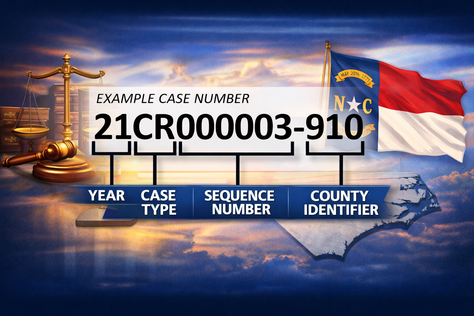 North Carolina case number example “21CR000003-910” broken down into year, case type, sequence number, and county identifier.