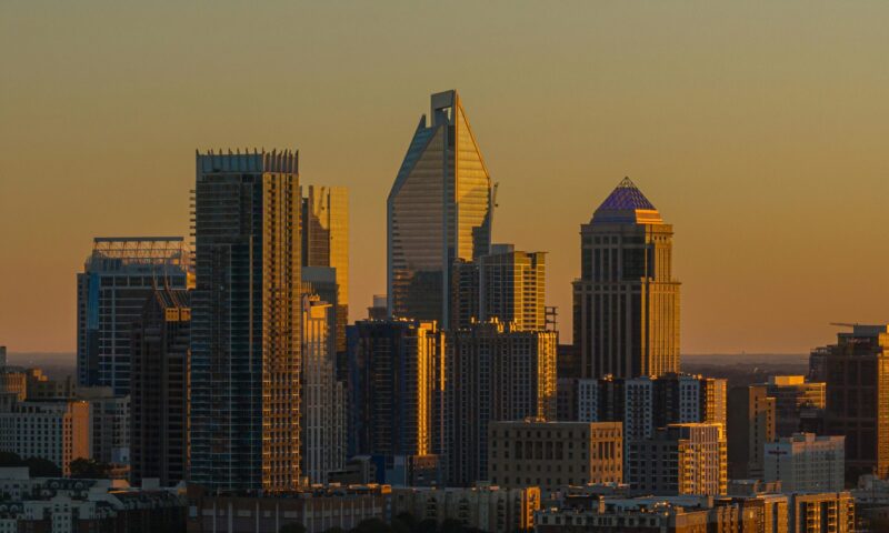 the city of charlotte nc skyline at dusk