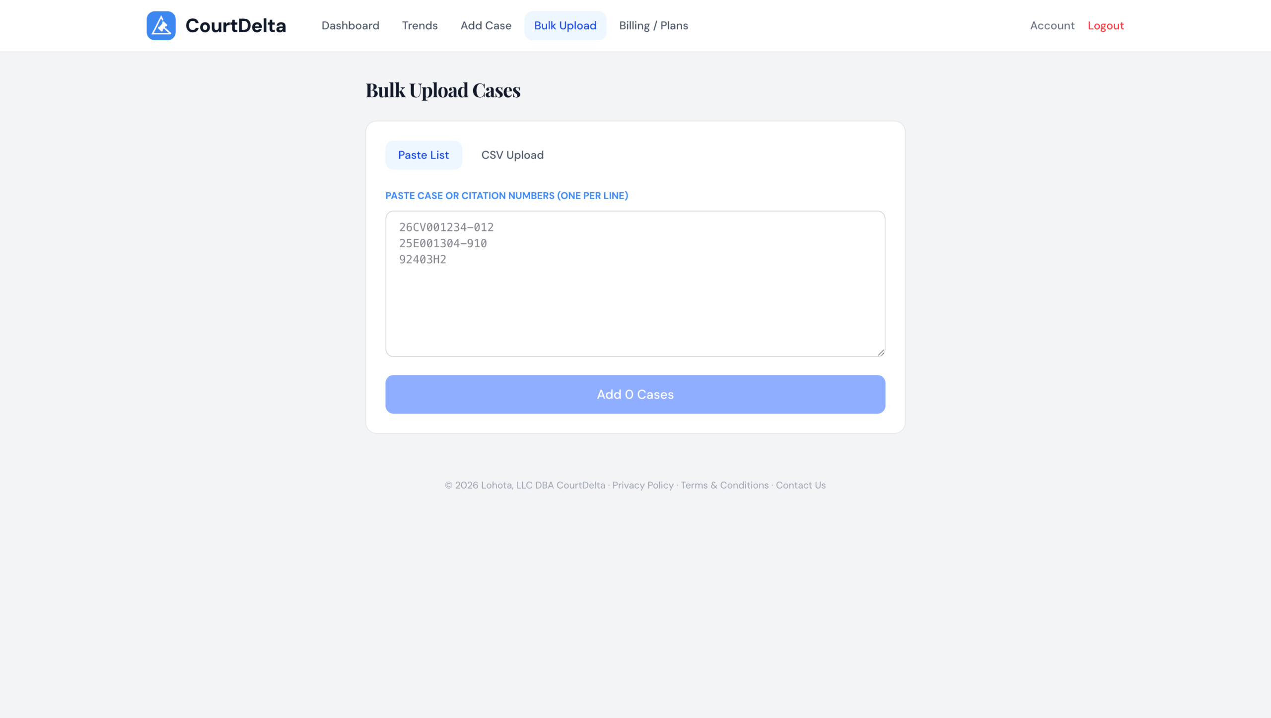 CourtDelta bulk upload interface for adding multiple cases at once via paste or CSV