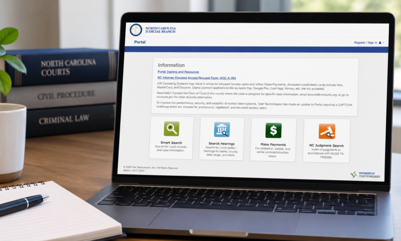 Laptop displaying the North Carolina Courts Portal Smart Search page used to search public court records and case information.