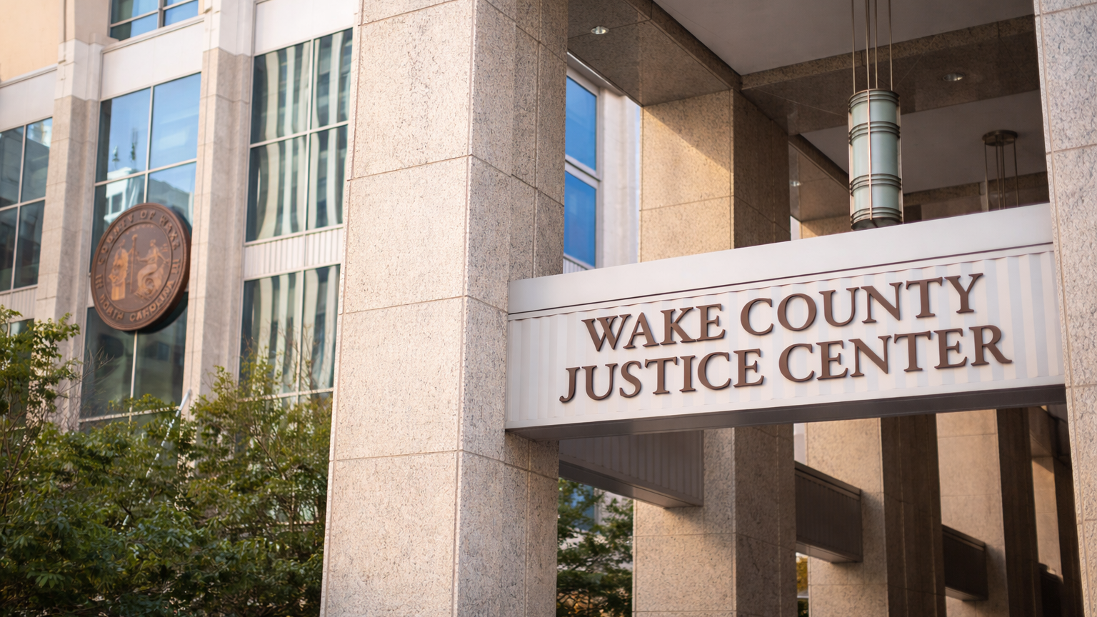 Front entrance of the Wake County Justice Center in Raleigh, North Carolina, with courthouse columns and building signage visible.